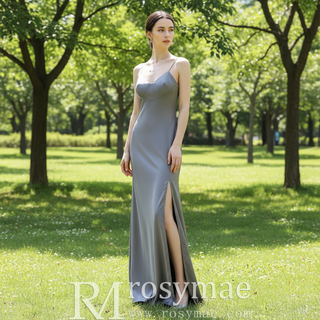 Vneck Spaghetti Strap Bridemsaid Dress with Leg Slit