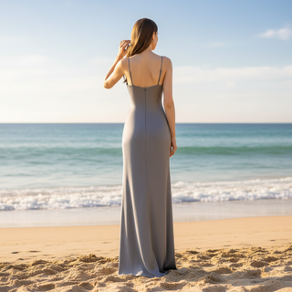 Vneck Spaghetti Strap Bridemsaid Dress with Leg Slit