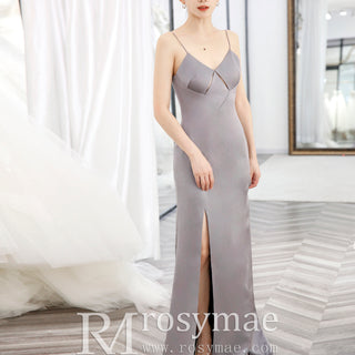 Vneck Spaghetti Strap Bridemsaid Dress with Leg Slit