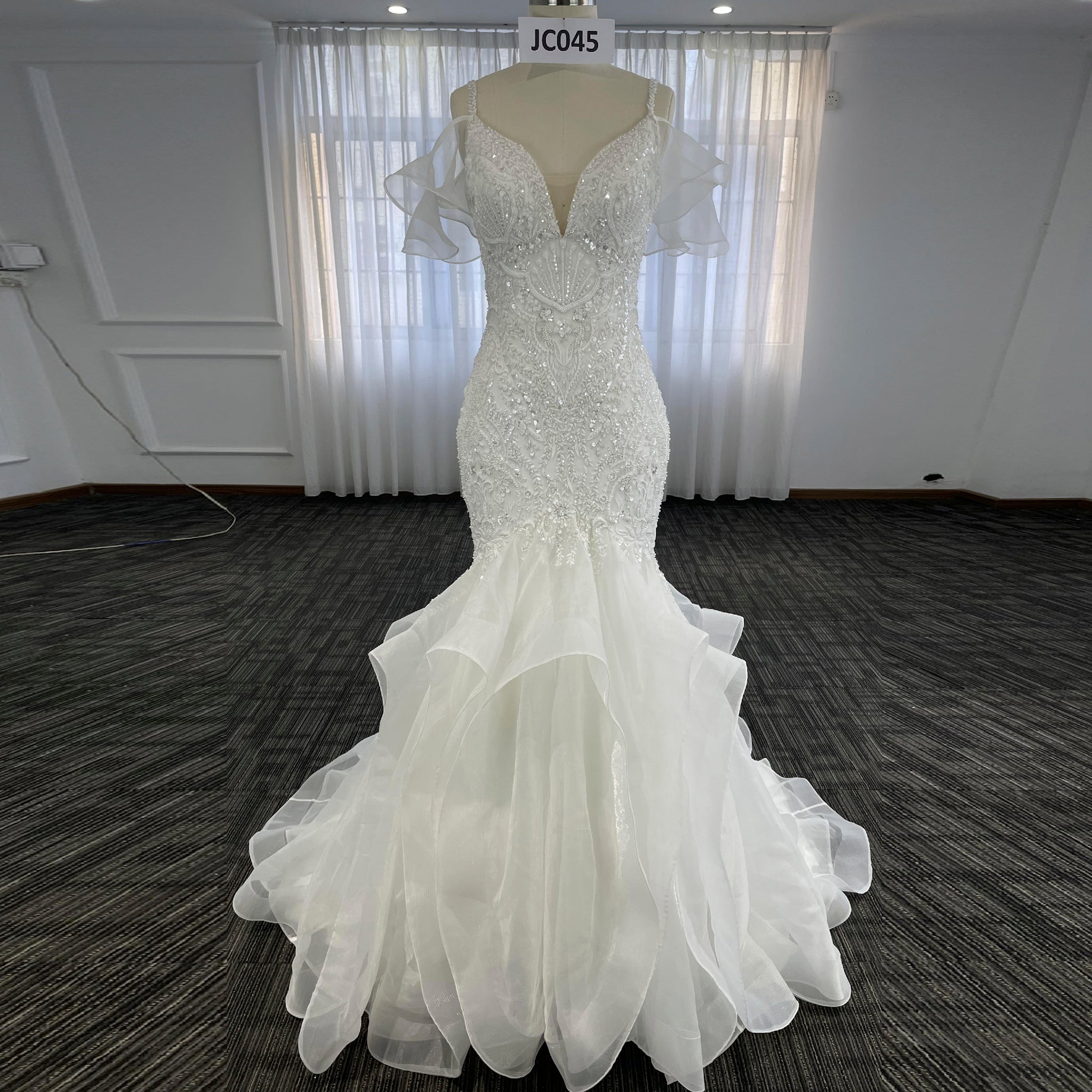 Lace Mermaid Wedding Dress with Organza Ruffle Skirt | RosyMae Bridal Champagne / 14 Lace Mermaid Wedding Dress with Organza Ruffle Skirt | RosyMae Bridal Champagne / 14