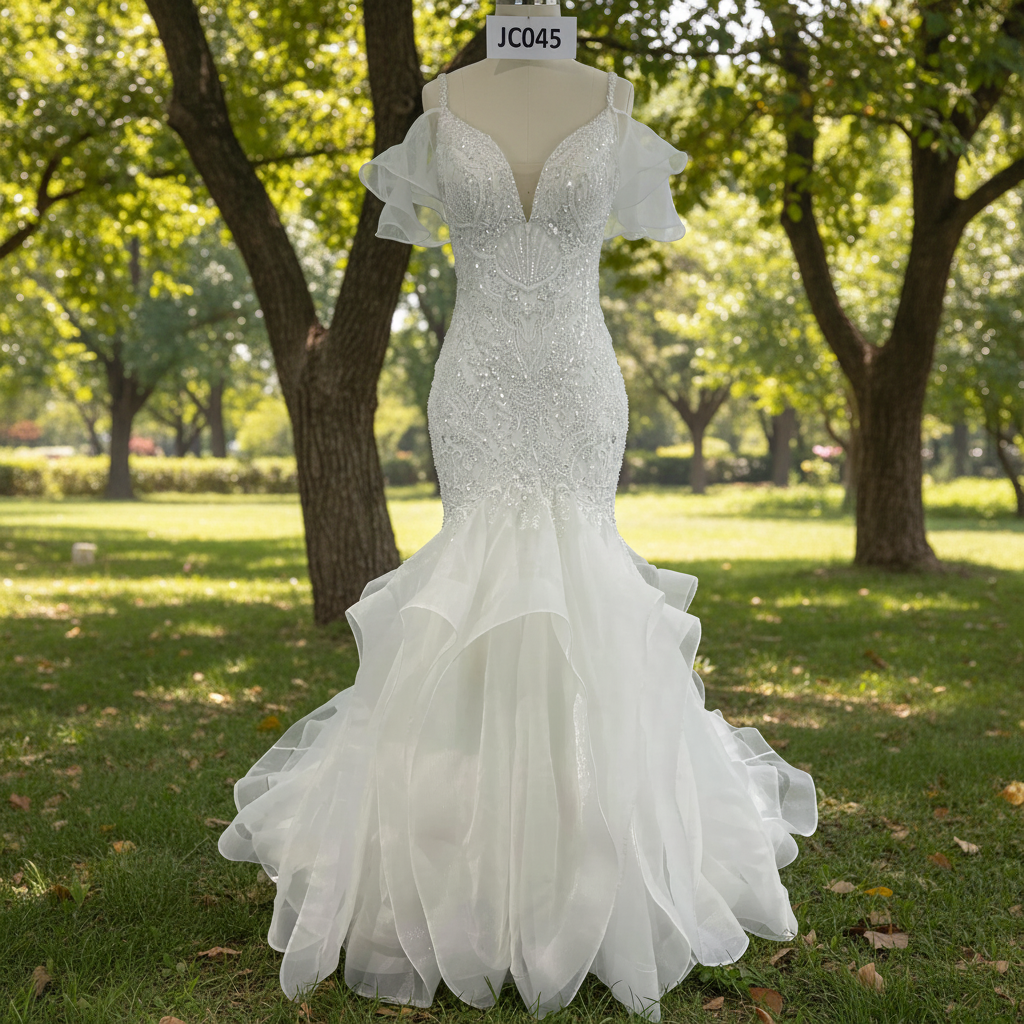 Lace Mermaid Wedding Dress with Organza Ruffle Skirt | RosyMae Bridal Champagne / 14 Lace Mermaid Wedding Dress with Organza Ruffle Skirt | RosyMae Bridal Champagne / 14