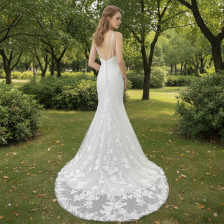 Vneck Lace Mermaid Wedding Dress with Spaghetti Straps