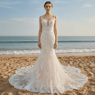 Spaghetti Straps Mermaid Lace Wedding Dresses with Long Train - Rosymae