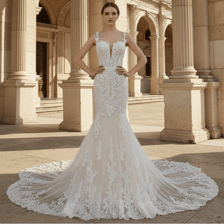 Spaghetti Straps Mermaid Lace Wedding Dresses with Long Train - Rosymae