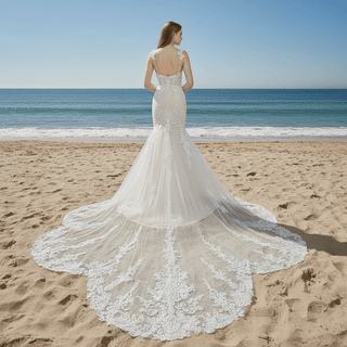 Spaghetti Straps Mermaid Lace Wedding Dresses with Long Train - Rosymae