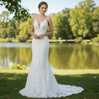 Vneck Lace Mermaid Wedding Dress with Spaghetti Straps