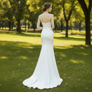 Spaghetti Straps Simple Satin Mermaid Wedding Dress with Open Back