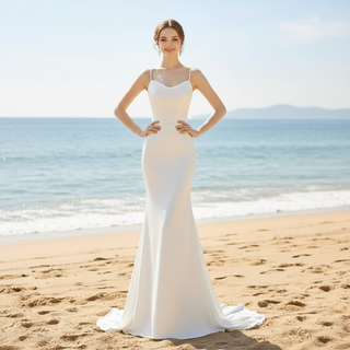 Spaghetti Straps Simple Satin Mermaid Wedding Dress with Open Back