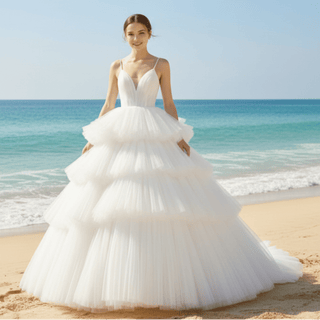 Spaghetti Straps Multi Tulle V-neck Wedding Dress with Brush Train - Rosymae