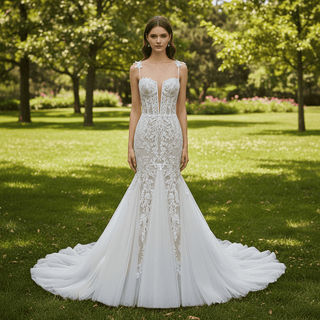 Spaghetti Straps Ruched Multi Tulle Trumpet Wedding Dresses - Rosymae