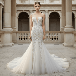 Spaghetti Straps Ruched Multi Tulle Trumpet Wedding Dresses - Rosymae