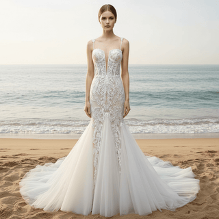 Spaghetti Straps Ruched Multi Tulle Trumpet Wedding Dresses - Rosymae