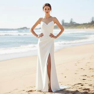 Spaghetti Straps Simple Wedding Dress with High Leg Slit
