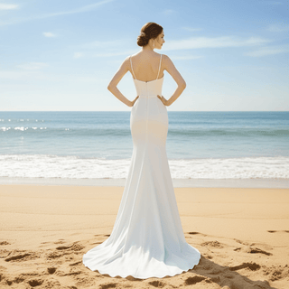 Spaghetti Straps Simple Satin Mermaid Wedding Dress with Open Back - Rosymae