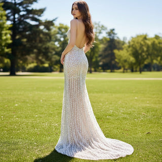Spaghetti Straps Sparkle Evening Dress with Leg Slit - Rosymae