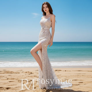 Spaghetti Straps Sparkle Evening Dress with Leg Slit - Rosymae