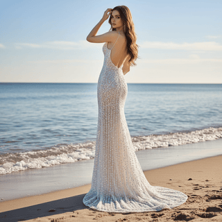 Spaghetti Straps Sparkle Evening Dress with Leg Slit - Rosymae