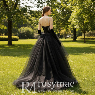 Spaghetti Straps Tulle and Sequin Black Wedding Dress with Detachable Train - Rosymae