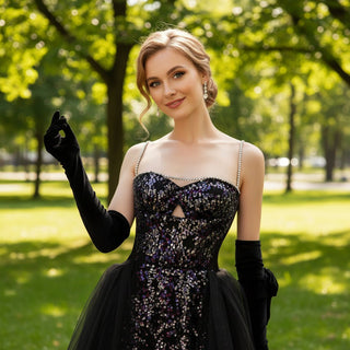 Spaghetti Straps Tulle and Sequin Black Wedding Dress with Detachable Train - Rosymae