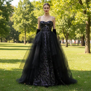 Spaghetti Straps Tulle and Sequin Black Wedding Dress with Detachable Train - Rosymae