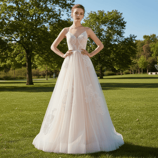 Spaghetti Straps Tulle Wedding Dress with Deep V-neckline - Rosymae