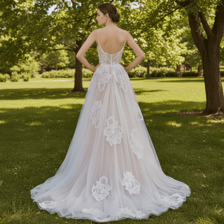 Spaghetti Straps Tulle Wedding Dress with Deep V-neckline - Rosymae