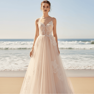 Spaghetti Straps Tulle Wedding Dress with Deep V-neckline - Rosymae