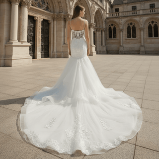 Spaghetti Straps V Neck Trumpet Ruffle Western Wedding Dress - Rosymae