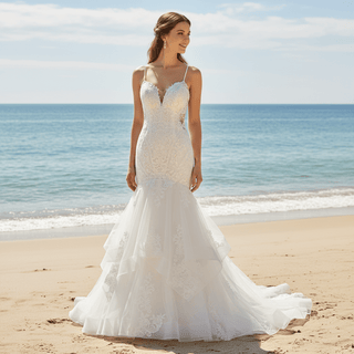 Spaghetti Straps V Neck Trumpet Ruffle Western Wedding Dress - Rosymae