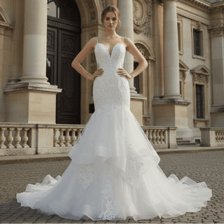Spaghetti Straps V Neck Trumpet Ruffle Western Wedding Dress - Rosymae