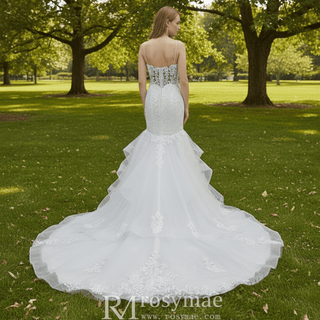 Spaghetti Straps V Neck Trumpet Ruffle Western Wedding Dress - Rosymae