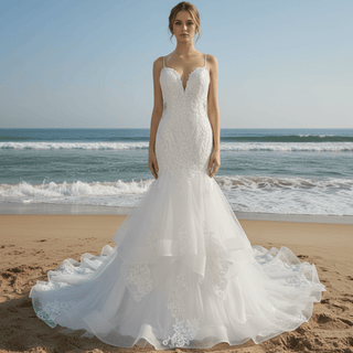 Spaghetti Straps V Neck Trumpet Ruffle Western Wedding Dress - Rosymae