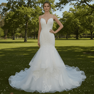 Spaghetti Straps V Neck Trumpet Ruffle Western Wedding Dress - Rosymae