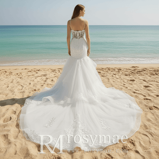Spaghetti Straps V Neck Trumpet Ruffle Western Wedding Dress - Rosymae