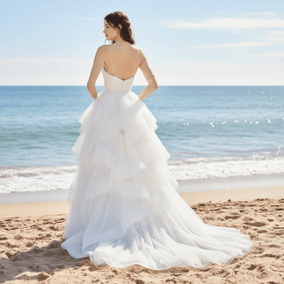 Spaghetti Straps V-neck Wedding Dress with Layered Tulle - Rosymae