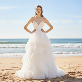 Spaghetti Straps V-neck Wedding Dress with Layered Tulle - Rosymae