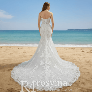 Spaghetti Straps Vintage Lace Mermaid Wedding Gowns with Vneck - Rosymae