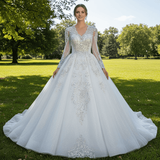 Sparkle Ball Gown Wedding Dress with Sheer Long Sleeve - Rosymae