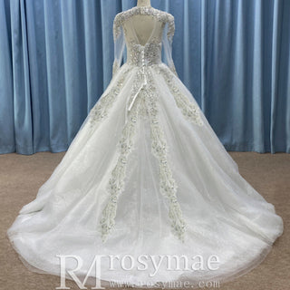 Sparkle Ball Gown Wedding Dress with Sheer Long Sleeve - Rosymae