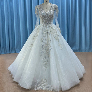 Sparkle Ball Gown Wedding Dress with Sheer Long Sleeve - Rosymae