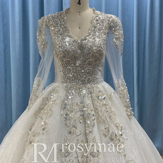 Sparkle Ball Gown Wedding Dress with Sheer Long Sleeve - Rosymae