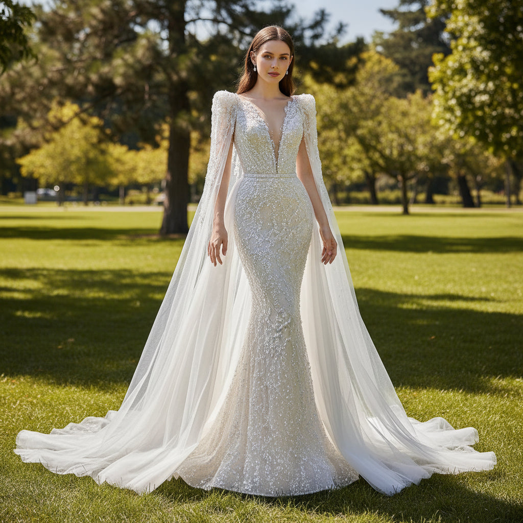 Elegant Sparkly Mermaid Wedding Dress With Cape and Detachable Train Silver / 16W Elegant Sparkly Mermaid Wedding Dress With Cape and Detachable Train Silver / 16W