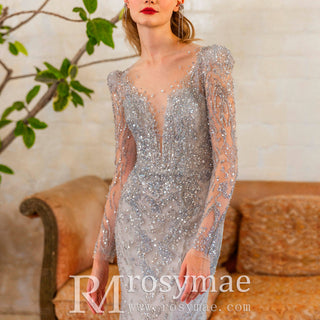 Grey Long Sleeve Sparkle Evening Dresses Party Gowns