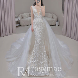 Elegant Sparkly Mermaid Wedding Dress With Cape and Detachable Train