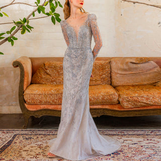 Grey Long Sleeve Sparkle Evening Dresses Party Gowns
