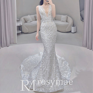 Elegant Sparkly Mermaid Wedding Dress With Cape and Detachable Train