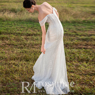 Off the Shoulder Sparkle Wedding Dress with Leg Slit