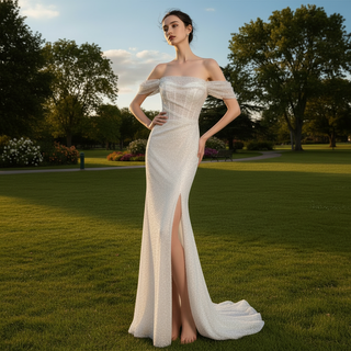 Off the Shoulder Sparkle Wedding Dress with Leg Slit