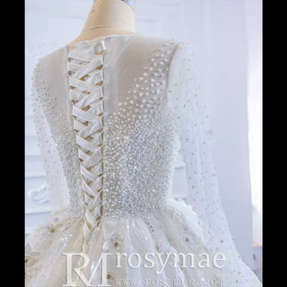 Sparkly 3D Flower Princess Wedding Dress with Long Sheer Sleeves - Rosymae