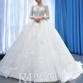 Sparkly 3D Flower Princess Wedding Dress with Long Sheer Sleeves - Rosymae